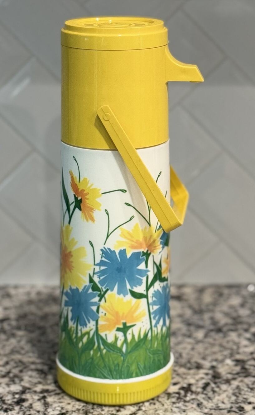 1970s Aladdin Pump-A-Drink Coffee Hot Cold Dispenser Floral Daisy Thermos 1 Qt